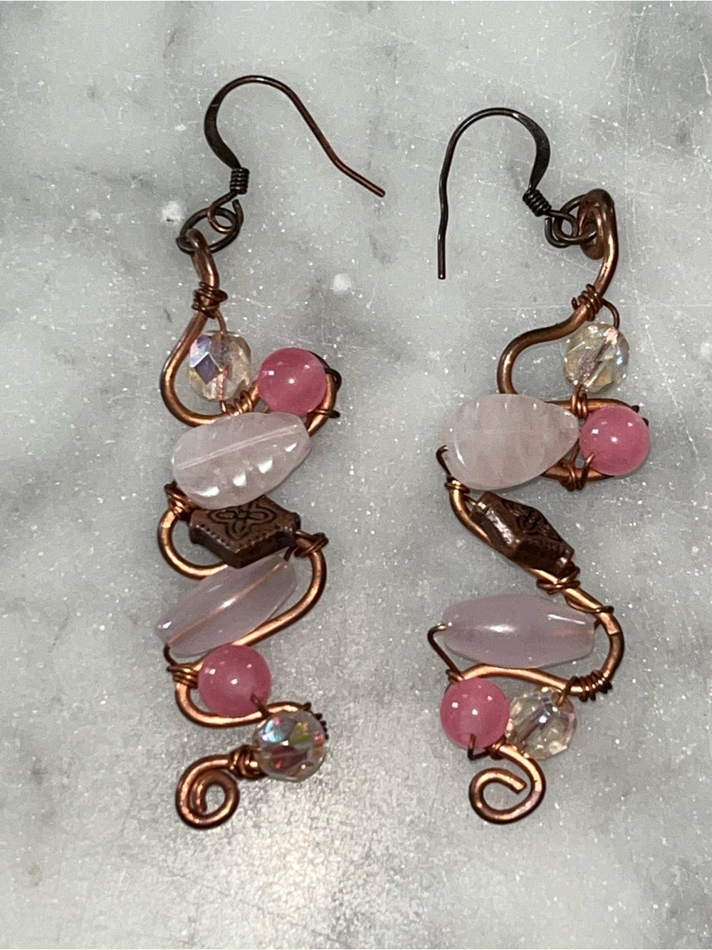 Handcrafted  onstage Y2K Pink Rose Quartz & Pink Bead Copper Wire Drop Earrings